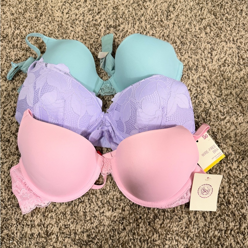 SO Bras - Lace & T-Shirt Bra Set - Mint, Lavender & Pink